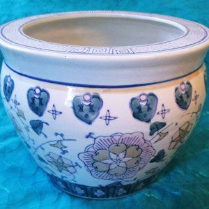 VINTAGE 8" Wide x 6.5" Tall CHINESE PORCELAIN JARDINIERE FISHBOWL PLANTER - VGC